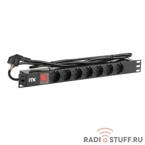 Блок розеток, 7 розеток, нем.ст, с выключателем, 1U, вилка нем.ст, шнур 2м, ПВХ, черный, ITK